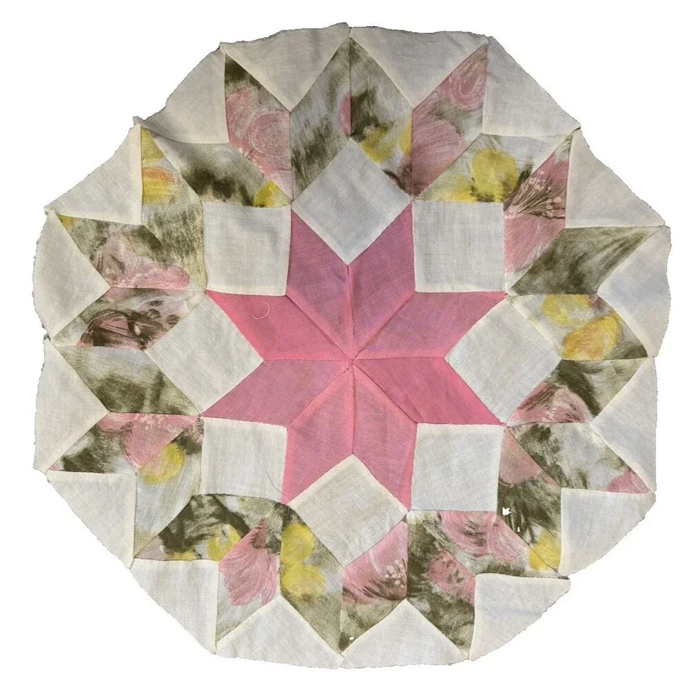 Vintage Hand Pieced Quilt Block Orphan Square 8-Point Star pink/watercolor 14